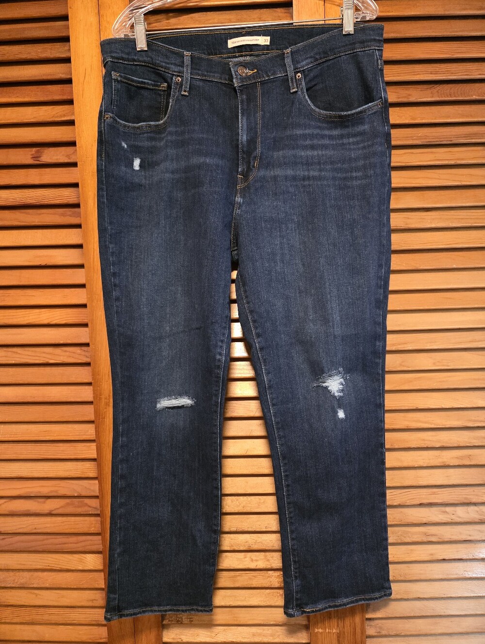 Levi's 724 High Rise Straight Crop Jeans Size 33 Distressed Dark Wash Denim